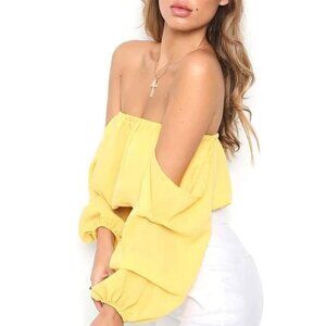 Off Shoulder Chiffon Blouse Sexy Long Sleeve Shirt  - Yellow